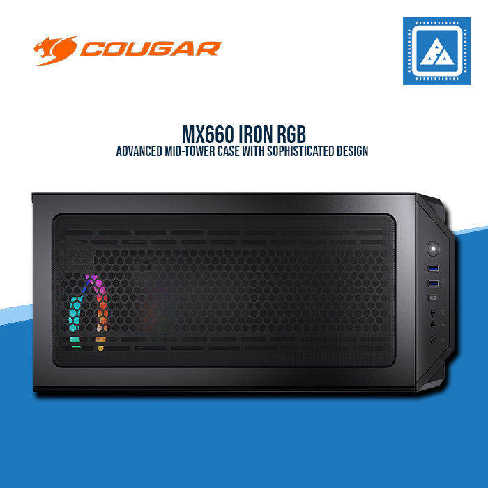 COUGAR MX660 IRON RGB DARK BLACK / MID-TOWER / ARGB VK120*1FAN / TEMPERED GLASS / LOGO SPOTLIGHT COUGAR MX660 IRON RGB DARK BLACK / MID-TOWER / ARGB VK120*1FAN / TEMPERED GLASS / LOGO SPOTLIGHT